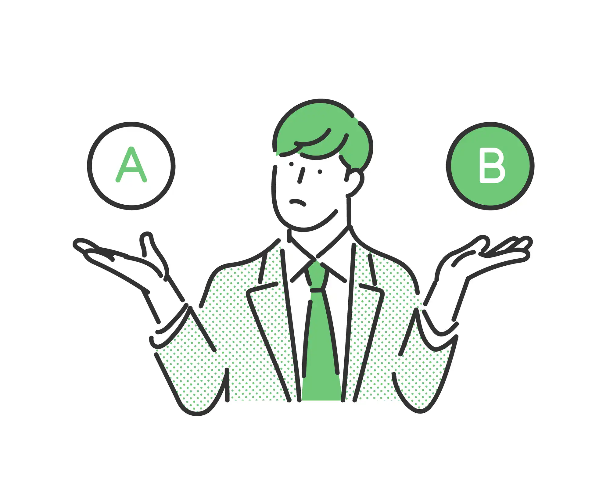 AかBで悩む男性のイラスト