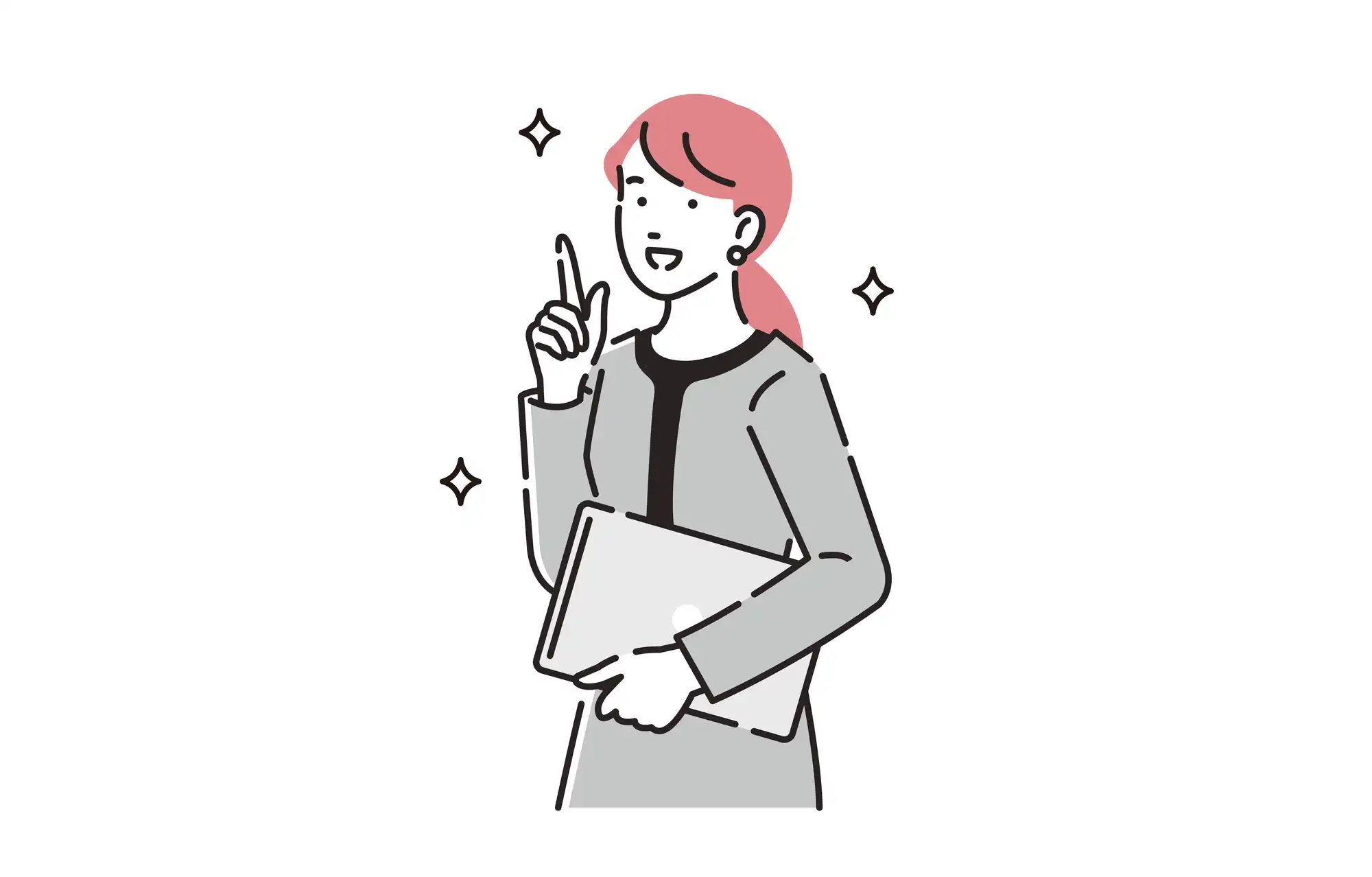 ノートPCを持って指差ししている女性イラスト
