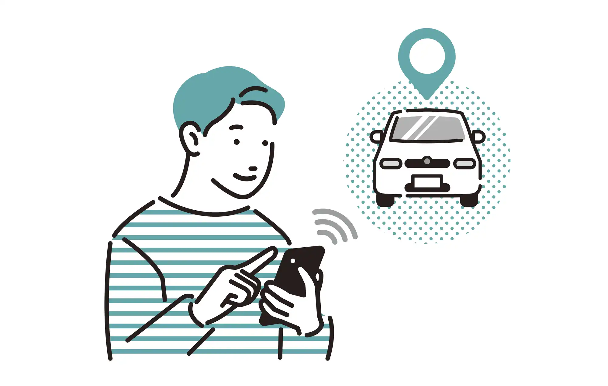 スマホで車の位置情報を共有している様子のイラスト