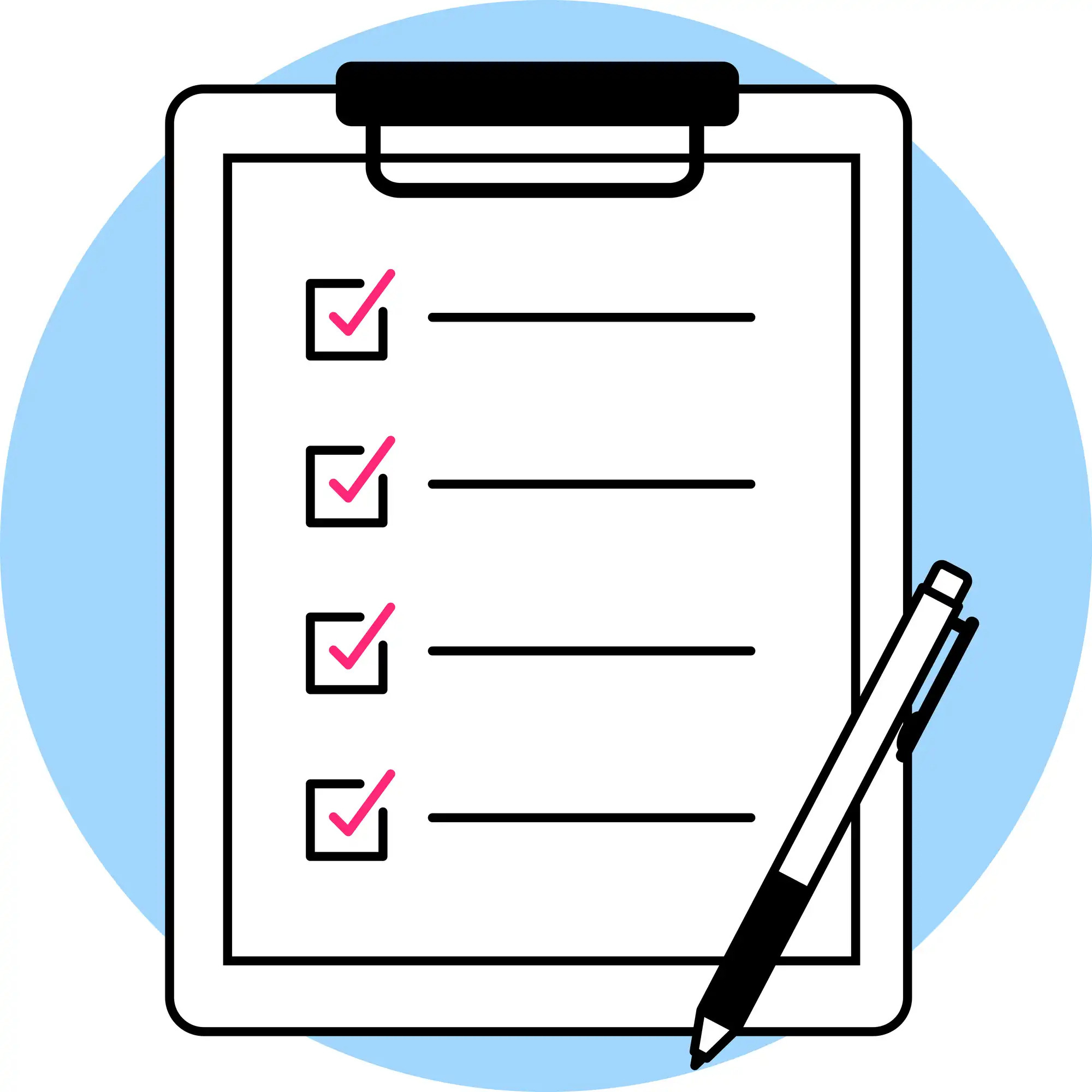 バインダーに挟まれたチェックシートとボールペンのイラスト