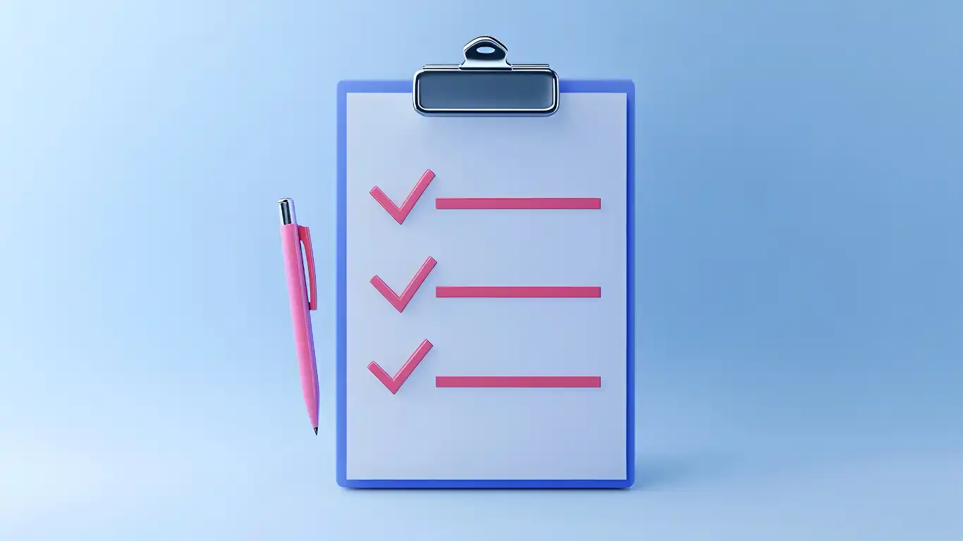 バインダーに挟まれたチェックリストとペン