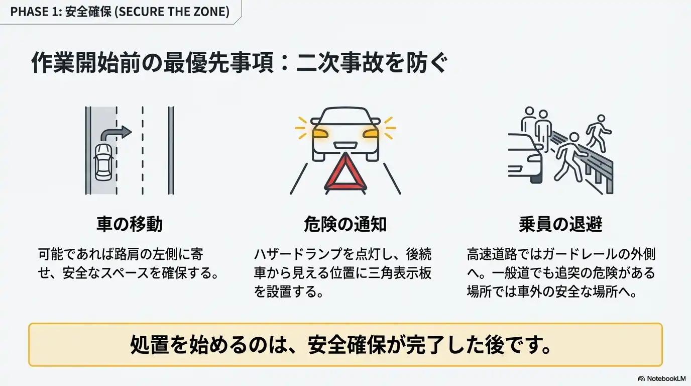 作業開始前の最優先事項：二次事故を防ぐ