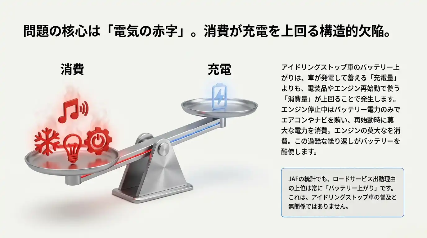 アイドリングストップ車は“電気の出し入れ”のバランス管理が最重要