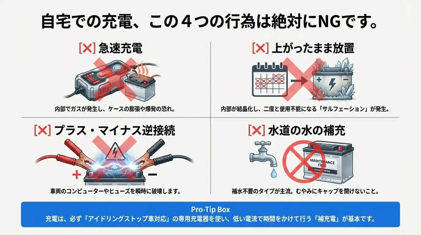 自分で充電する場合の注意点：急速充電の禁止と専用充電器の必要性
