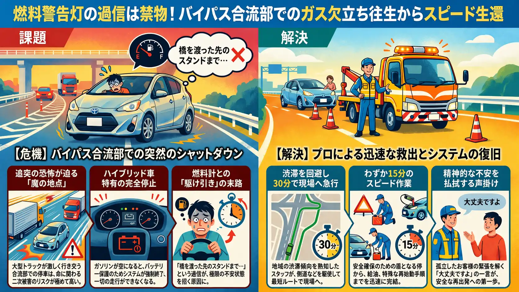 【愛知県愛西市海西町】木曽川を渡る目前での沈黙。加速車線でガス欠停止したアクアを現場給油で即座に救出