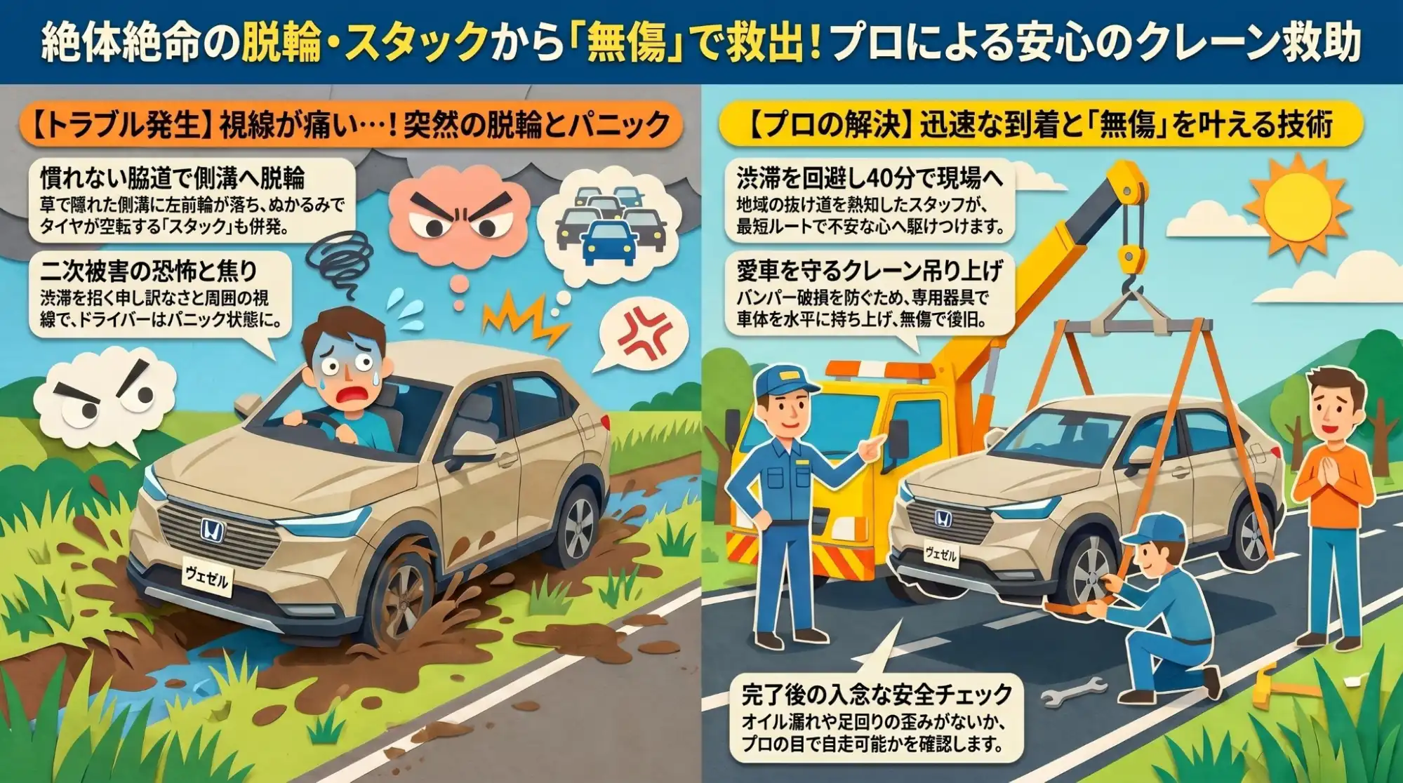 【愛知県愛西市森川町】道の駅付近の混雑路で側溝へ。ぬかるみに沈んだヴェゼルをクレーンで無傷救助