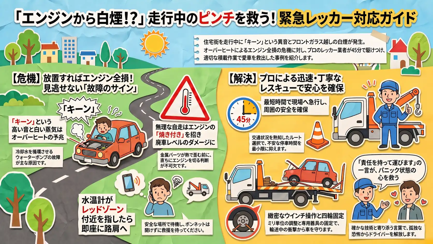 【愛知県愛西市新田町】住宅街でセレナが異音と共に白煙。エンジン全損を防ぐため積載車で緊急搬送
