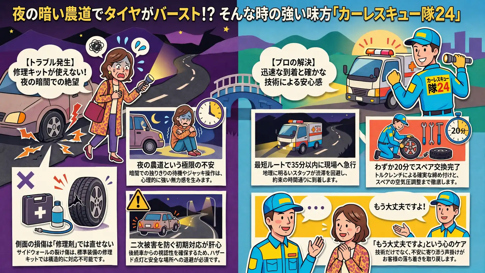 【愛知県愛西市日置町】夜の農道でシエンタがバースト。修理剤不可の側面損傷をスペア交換で迅速解決