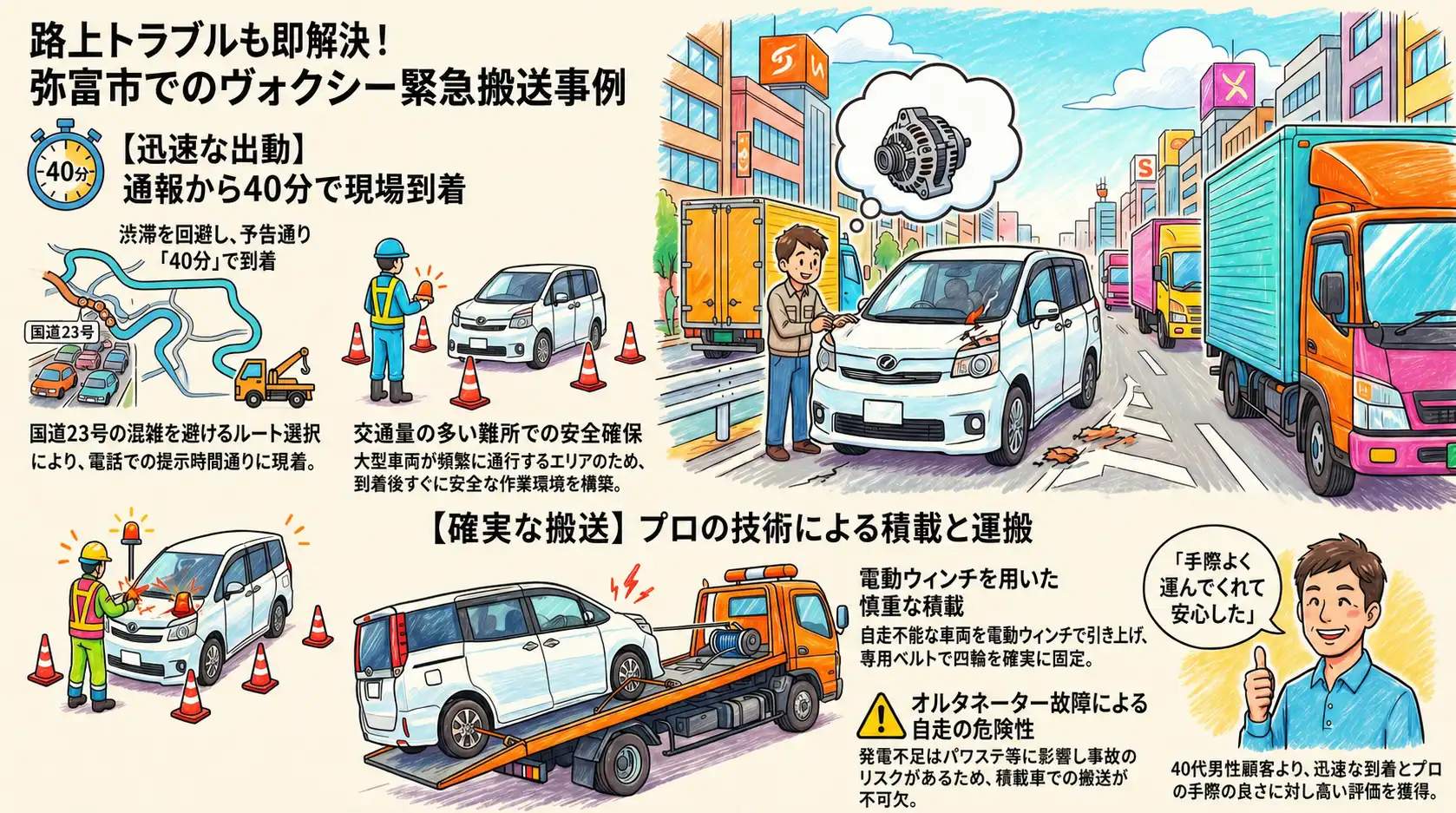 【愛知県弥富市稲荷】走行中の警告灯点灯と出力低下。自走不能なヴォクシーを整備工場へ積載搬送
