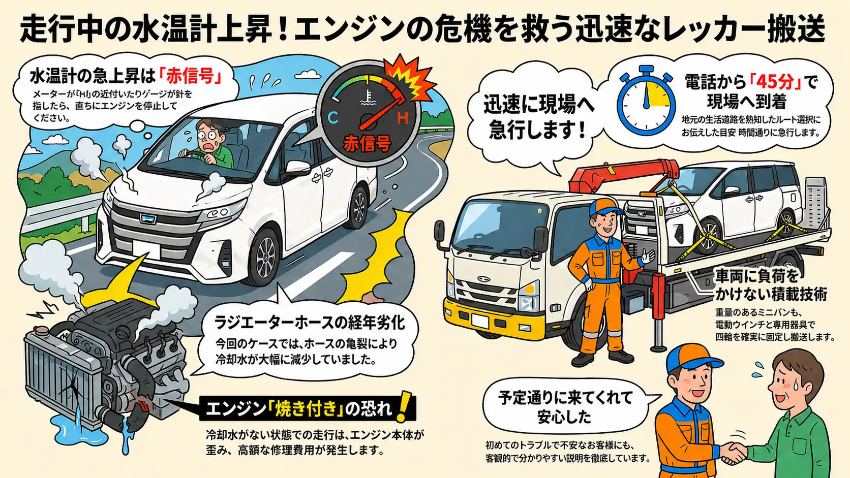 【愛知県弥富市鳥住】走行中に水温計が異常上昇。冷却水漏れのノアをエンジン保護のため緊急搬送