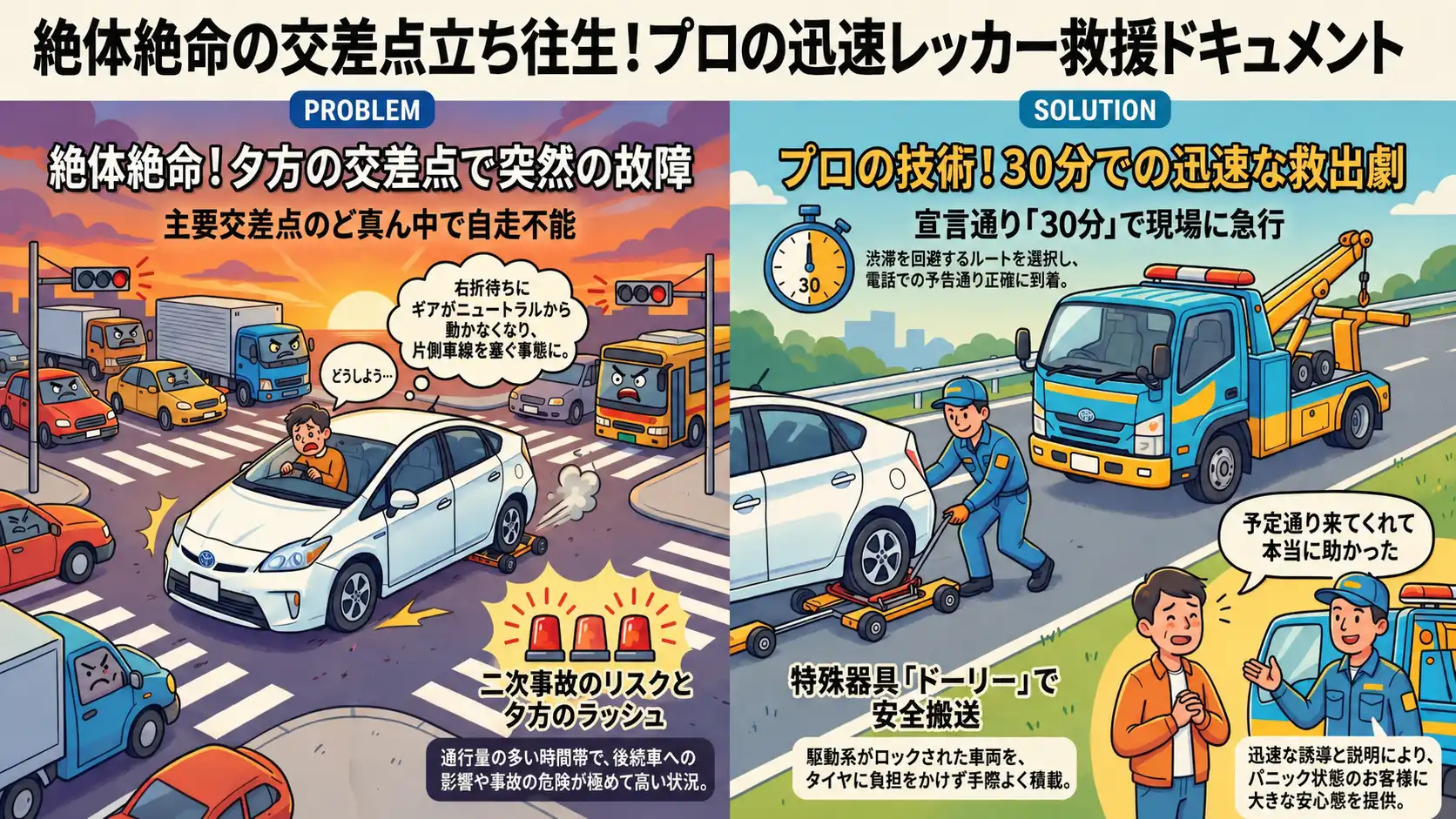 【愛知県弥富市平島町】交差点内でシフト操作不能。ミッション故障のプリウスを積載車で速やかに搬送