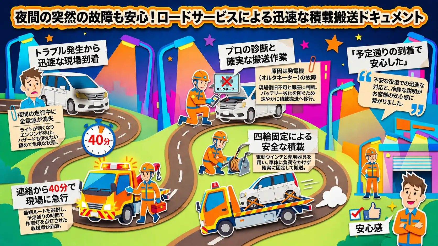 【愛知県弥富市前ケ須町】夜間の走行中に電装系が沈黙。発電機故障のステップワゴンを積載搬送