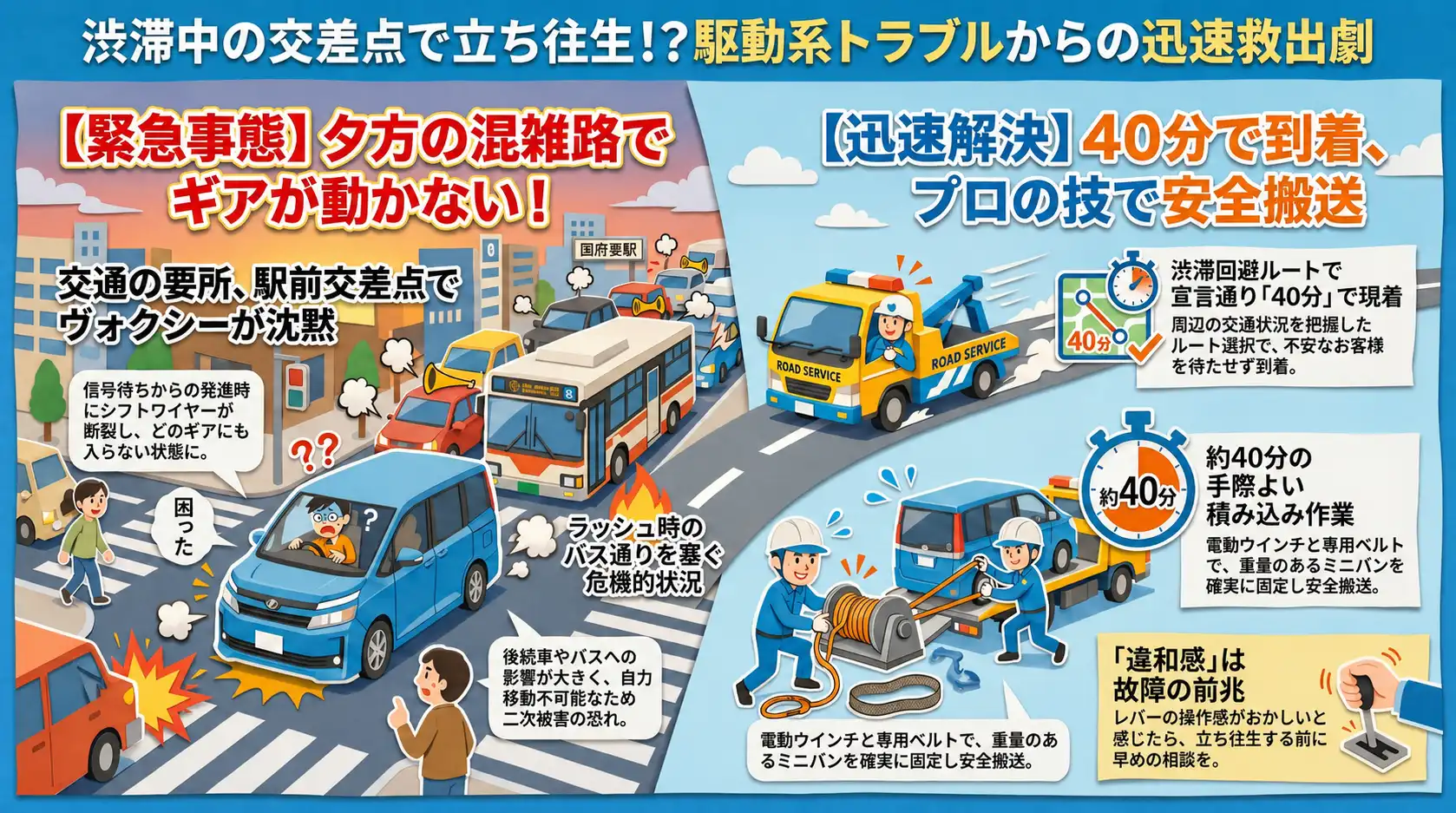 【愛知県稲沢市国府宮】駅近くの混雑路で変速不能。駆動系故障のヴォクシーを積載車で安全に搬送