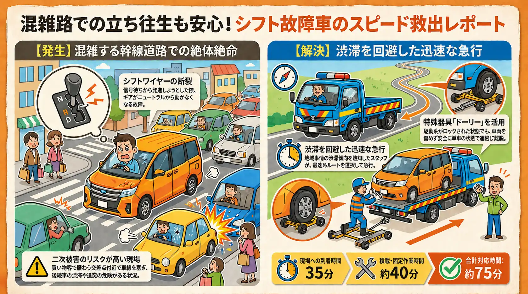 【愛知県稲沢市大曽根】商業施設近くの混雑路で変速不能。シフトワイヤー故障のノアを積載搬送