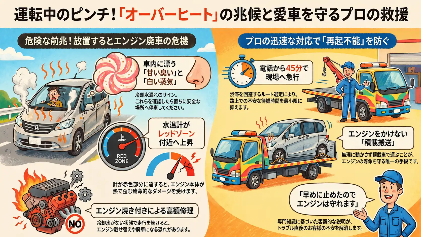 【愛知県稲沢市稲島】走行中に水温計が異常上昇。冷却水漏れのフリードをエンジン保護のため積載搬送