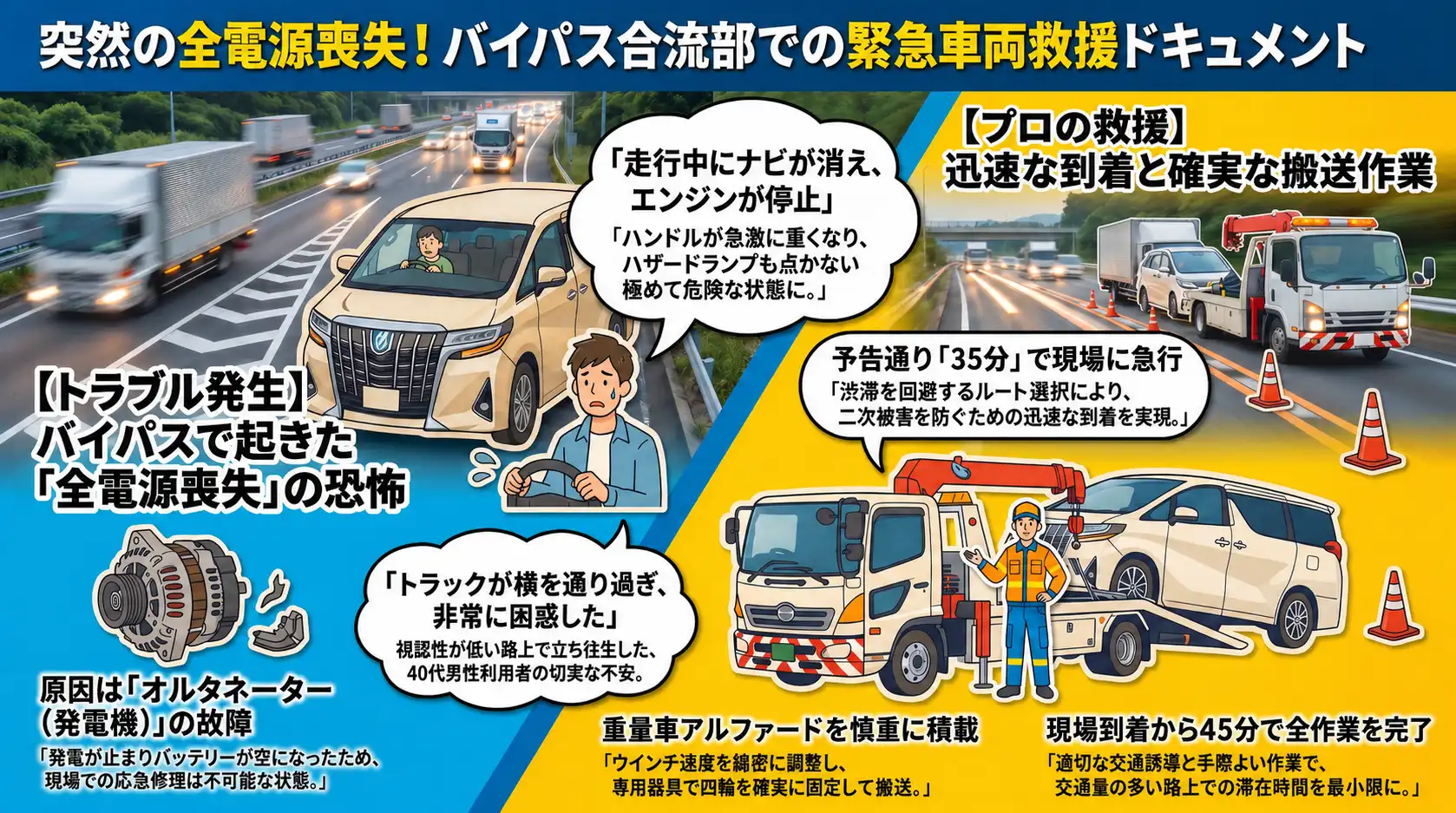 【愛知県稲沢市平和町】バイパス合流部で電装系が全停止。発電機故障のアルファードを修理工場へ積載搬送