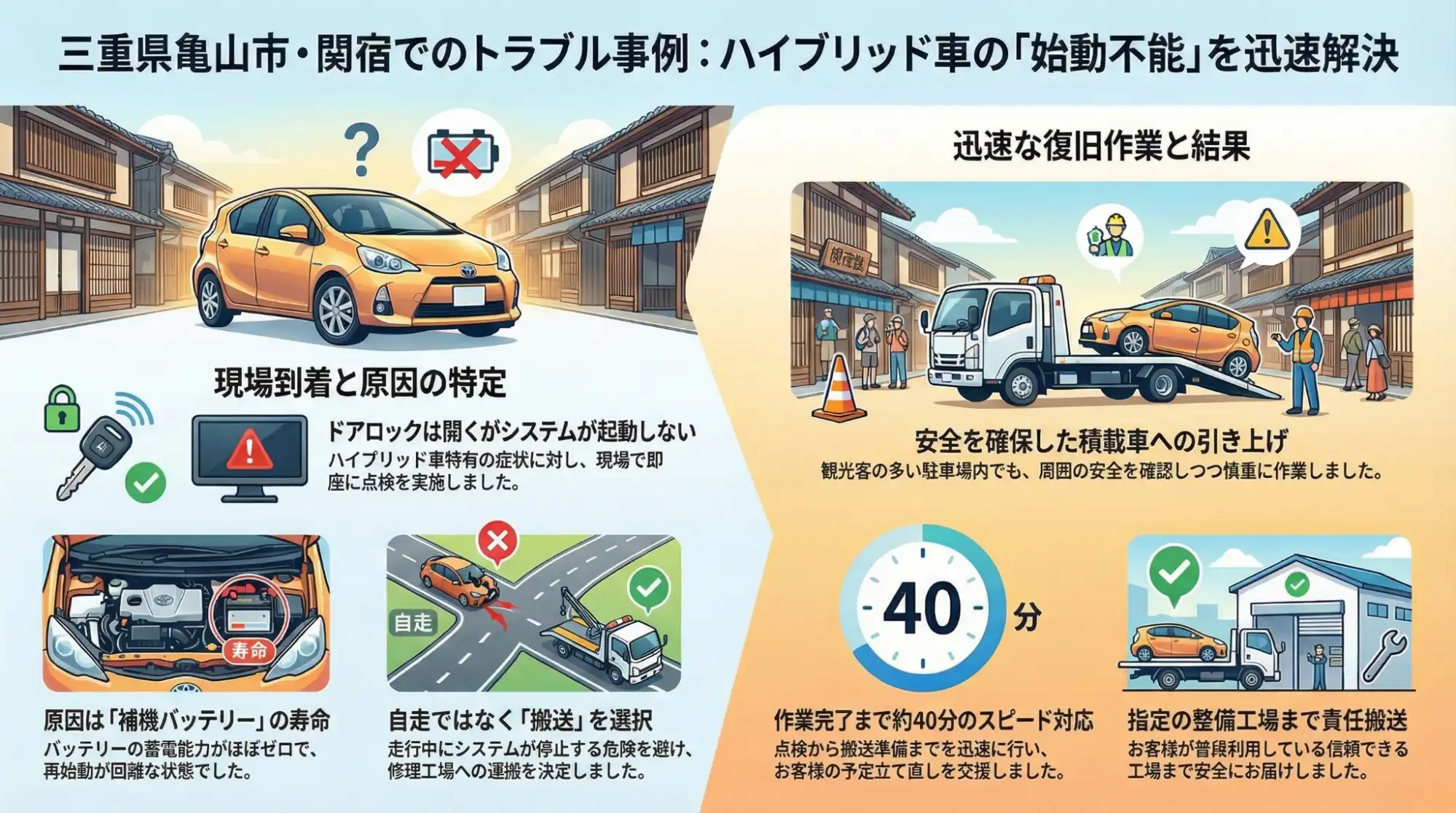 【三重県亀山市関町中町】関宿での観光中にアクアが始動不能…補機バッテリー故障によるレッカー搬送