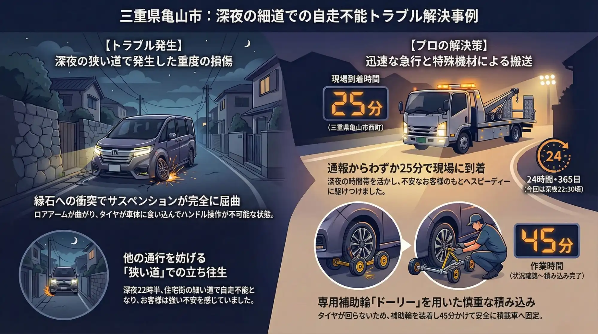 【三重県亀山市西町】深夜の狭い路地で足回りを損傷…自走不能なステップワゴンを特殊機材で搬送