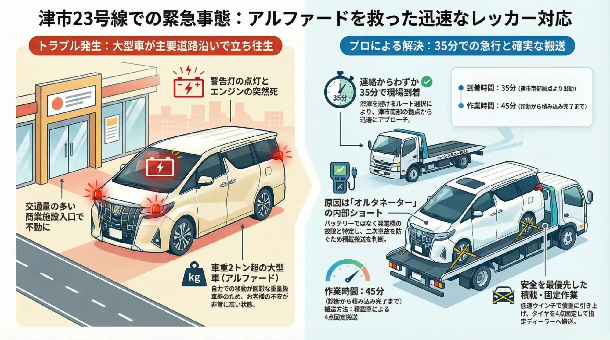 【三重県津市高茶屋小森町】23号線沿いの店舗入口でアルファードが停止…発電機故障による緊急レッカー搬送