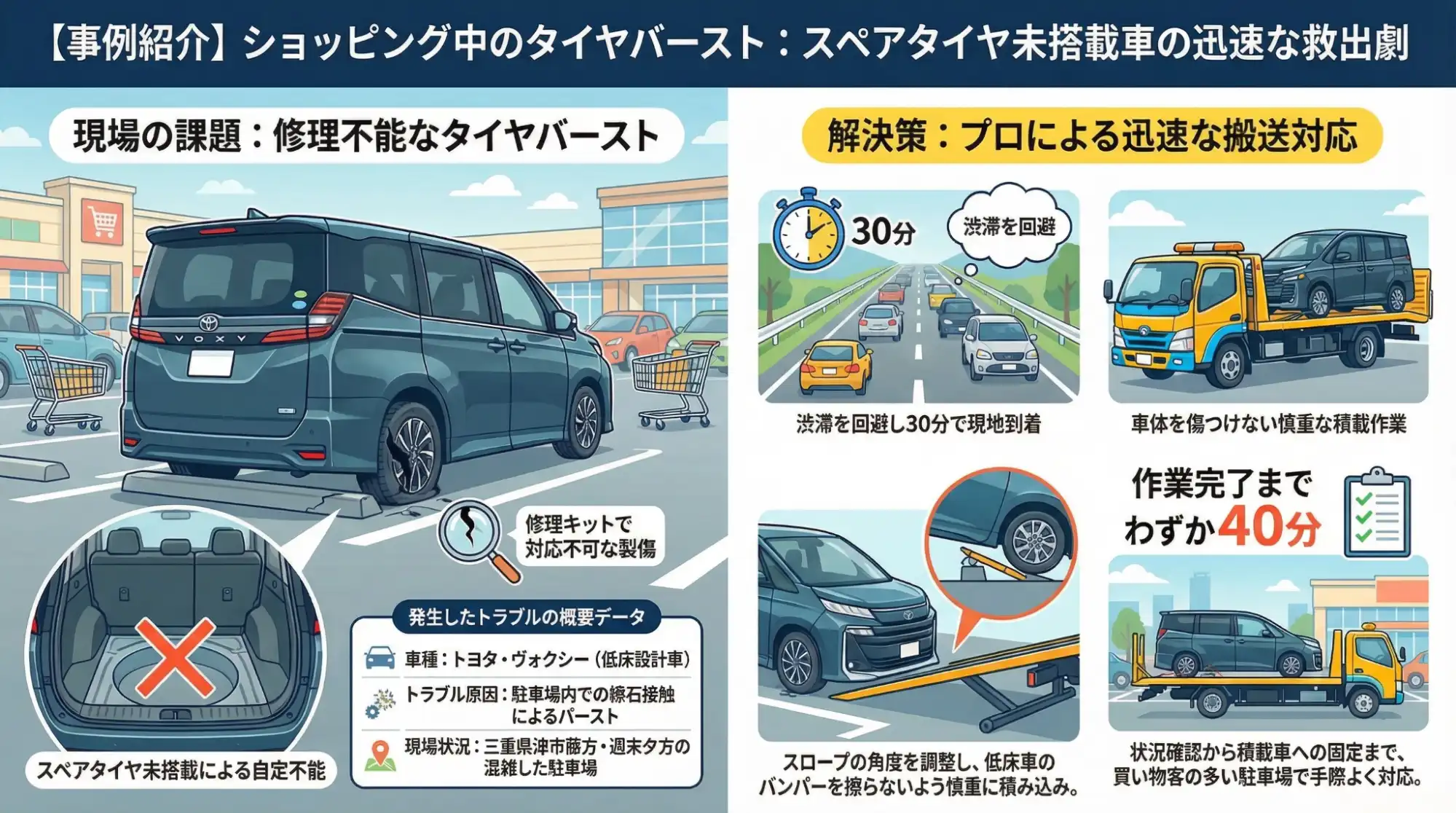 【三重県津市藤方】買い物帰りにタイヤを損傷…スペアタイヤ未搭載のヴォクシーをショップへ搬送