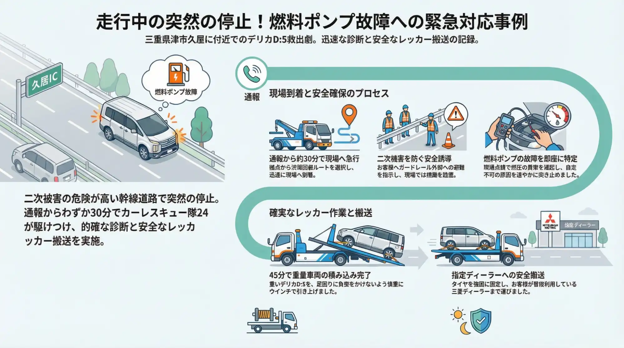 【三重県津市久居明神町】久居IC手前でデリカD:5が走行中に停止…燃料ポンプ故障によるレッカー搬送