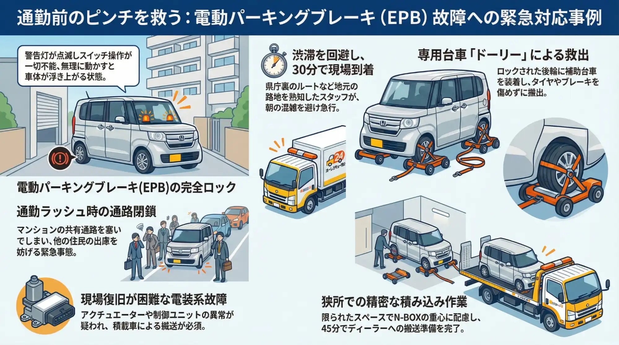 【三重県津市栄町】通勤前のトラブル…電動パーキングブレーキ故障で不動のN-BOXを搬送
