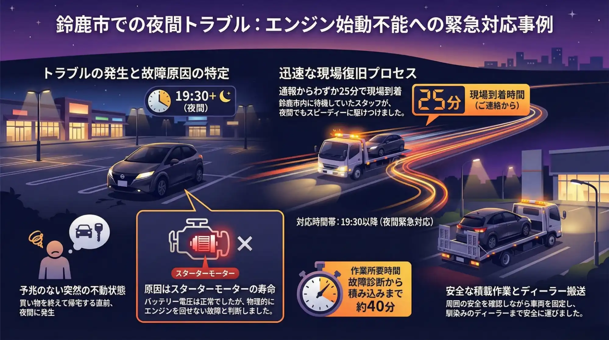 【三重県鈴鹿市西条】買い物帰りにエンジン始動不能…不動となったノートを夜間緊急搬送