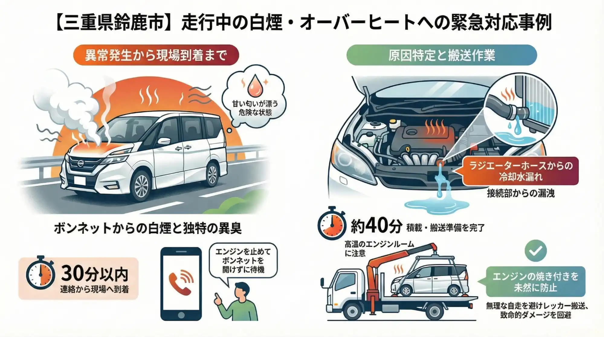 【三重県鈴鹿市神戸】走行中にボンネットから白煙…オーバーヒートしたセレナを修理工場へ搬送