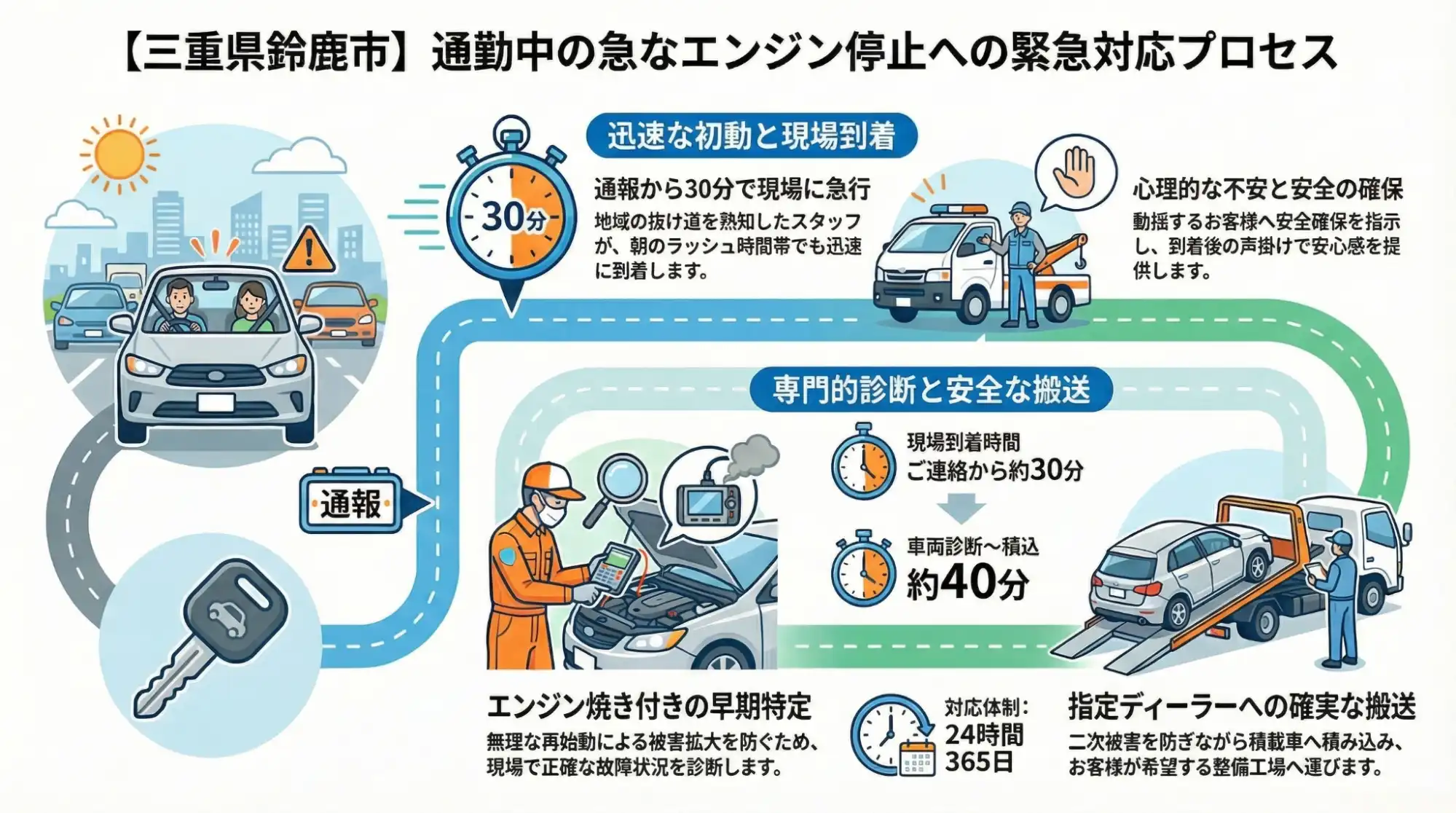 【三重県鈴鹿市稲生町】通勤中にエンジンから異音と停止…自走不能なヴィッツを緊急搬送
