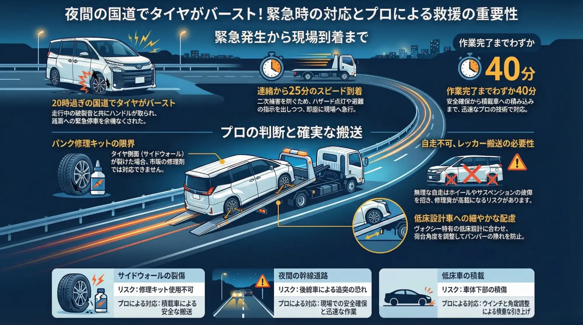 【愛知県愛西市佐屋】夜間の国道155号でタイヤがバースト…自走不能なヴォクシーをショップへ搬送