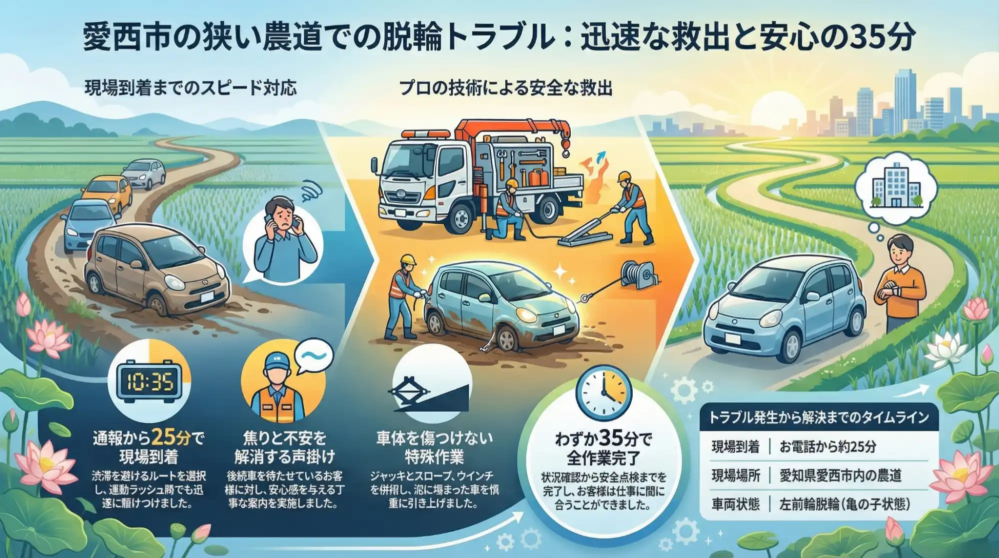 【愛知県愛西市日比野】通勤路の蓮根畑で脱輪…道を塞いだデイズを専用機材で引き上げ