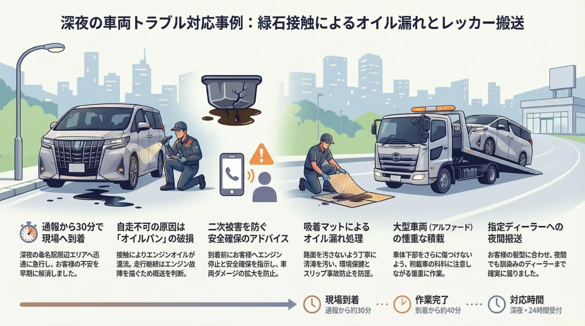 【三重県桑名市寿町】路上の障害物に接触しオイル漏れ…アルファードを深夜のレッカー搬送