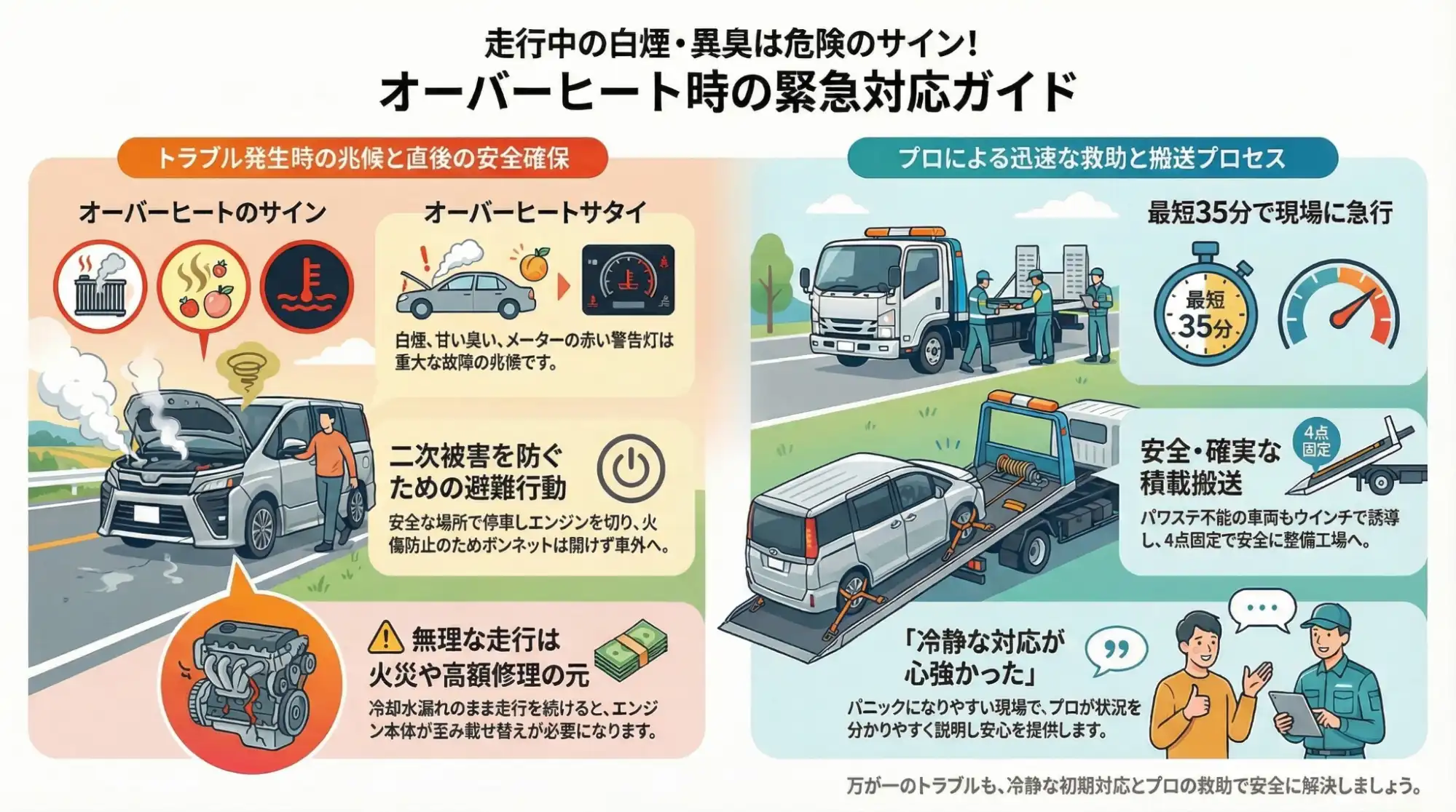 【愛知県愛西市森川町】道の駅付近でボンネットから白煙。冷却水漏れで自走不能なヴォクシーを搬送