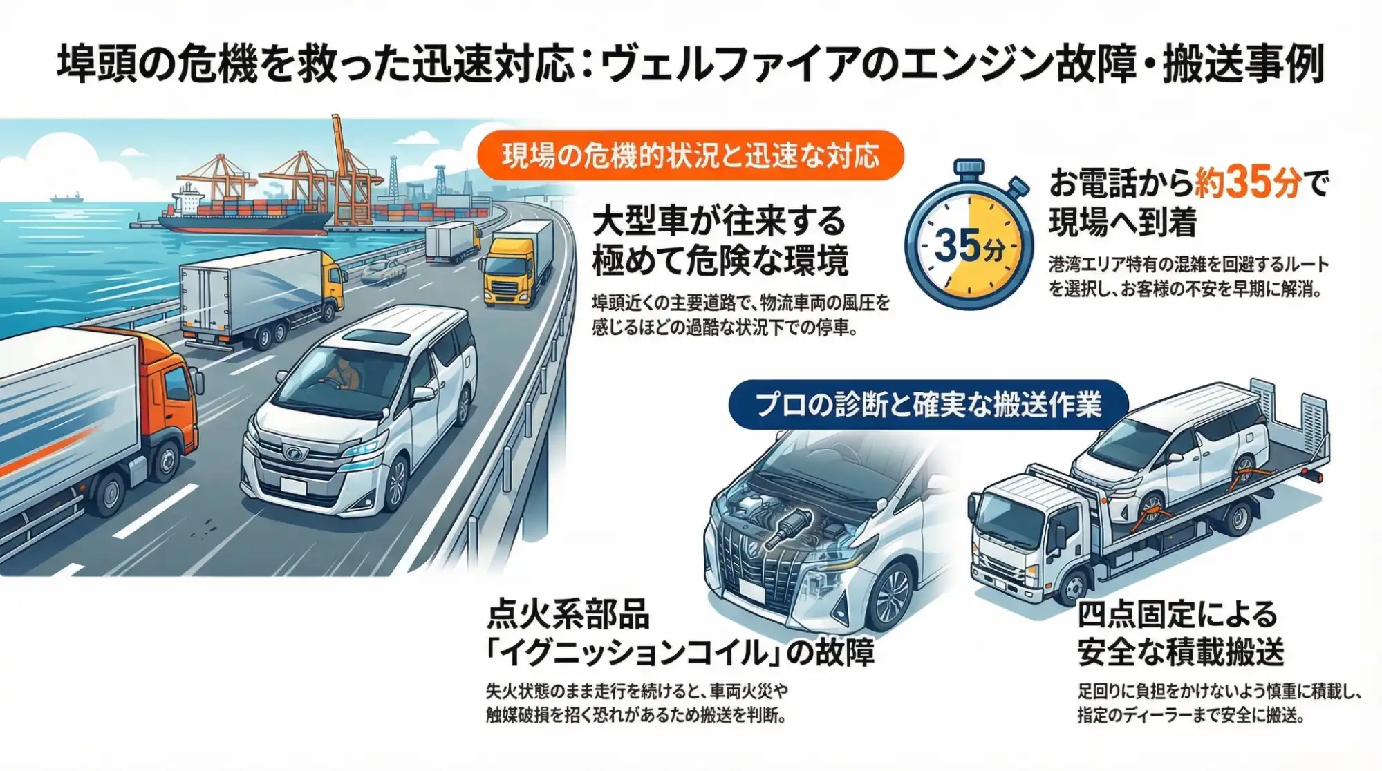 【愛知県弥富市木場】大型車が往来する埠頭付近でエンジン不調。ヴェルファイアを積載車で搬送