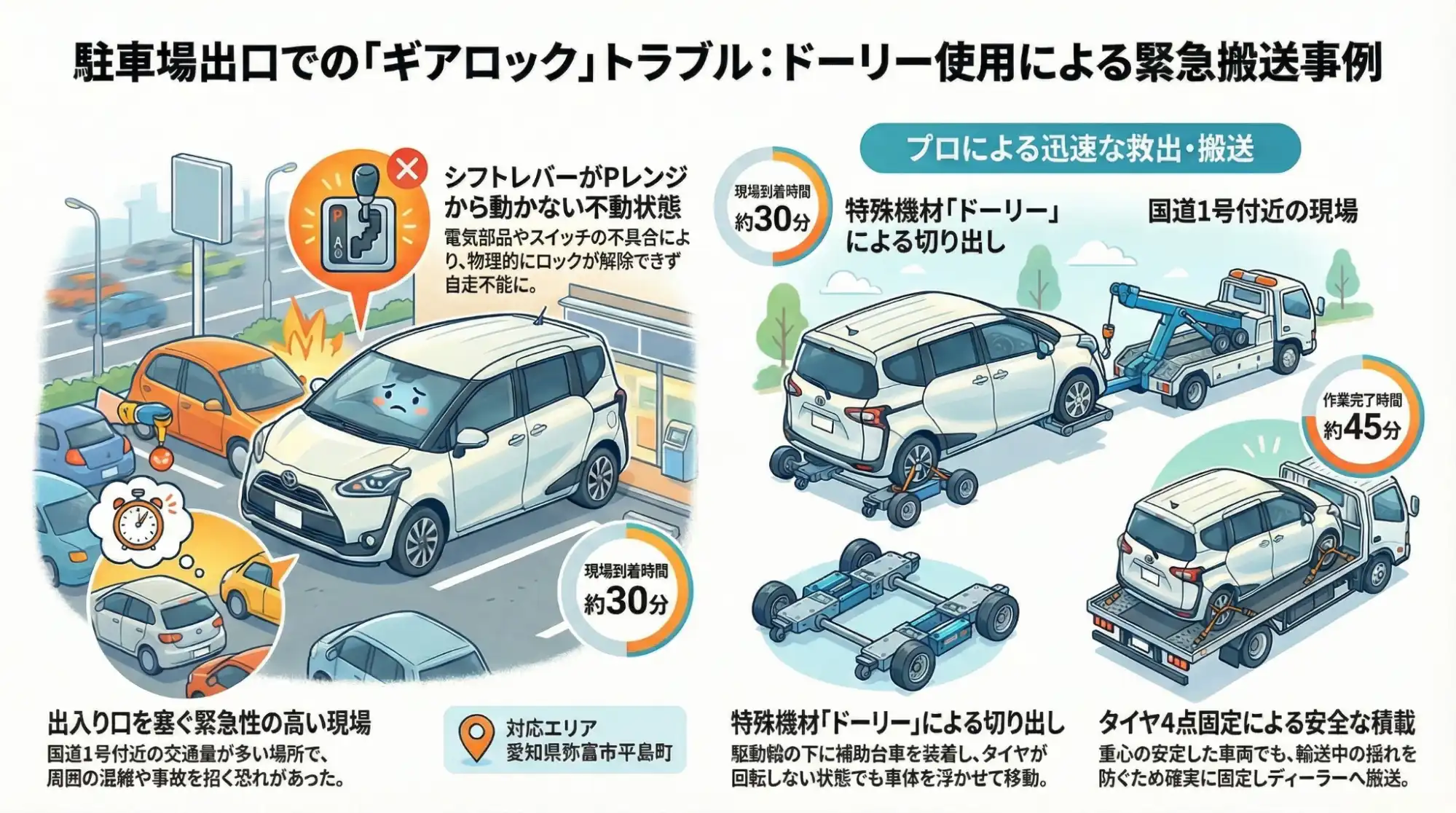 【愛知県弥富市平島町】駐車場出口でギアがロック。不動になったシエンタをドーリーで搬送