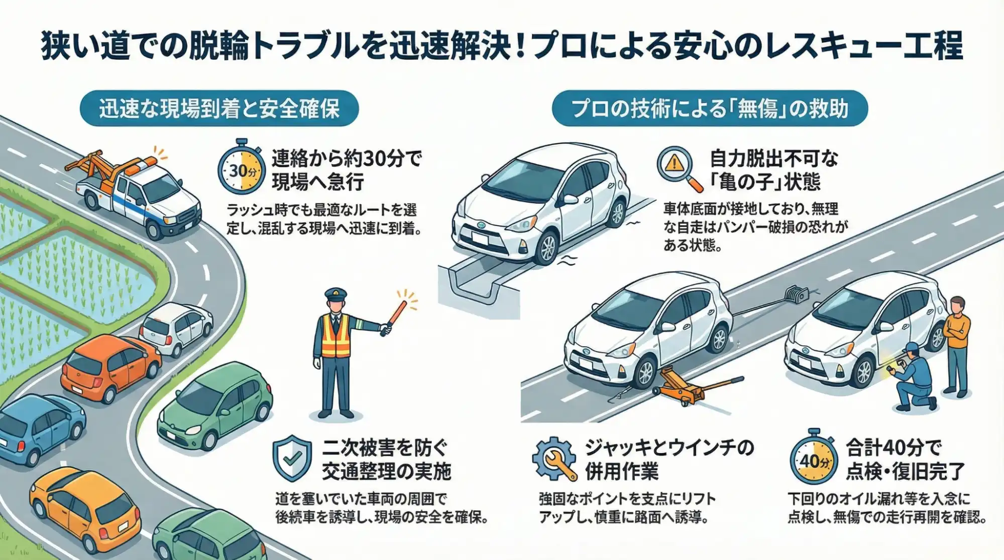 【愛知県弥富市子宝】水田沿いの細道で左前輪を脱輪。自走不能なアクアを専用機材で引き上げ
