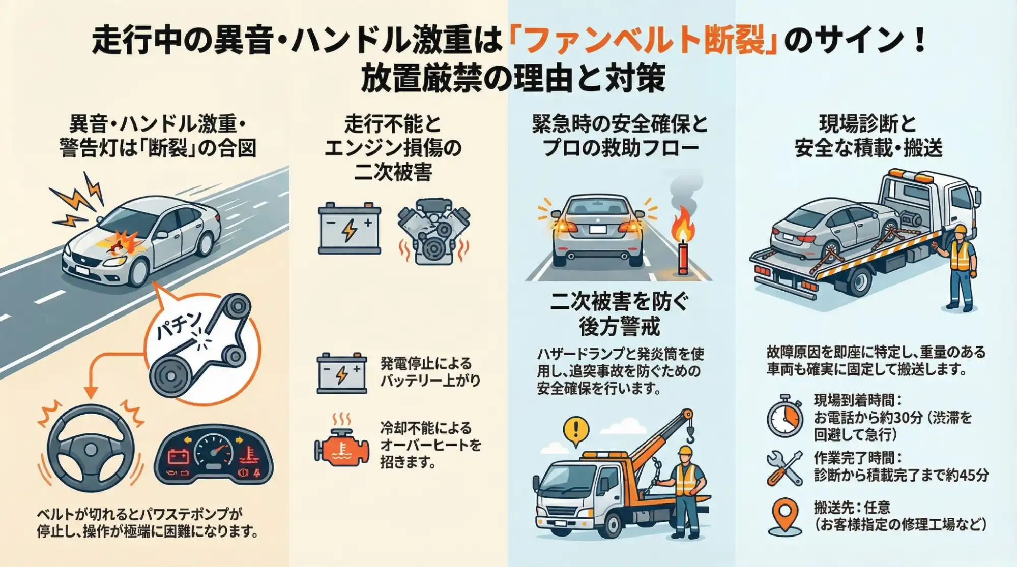 【愛知県稲沢市下津】走行中に異音とハンドル激重…ベルト断裂のノアを積載車で搬送