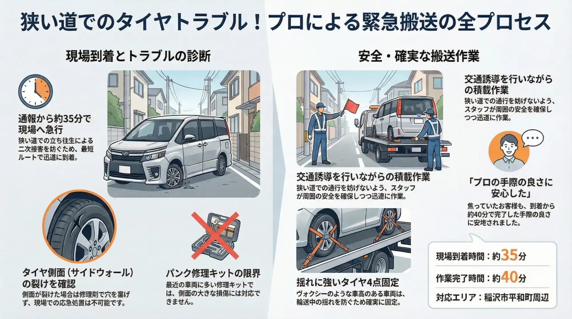 【愛知県稲沢市平和町】狭い道で縁石に接触。タイヤ側面が裂け自走不能なヴォクシーを搬送