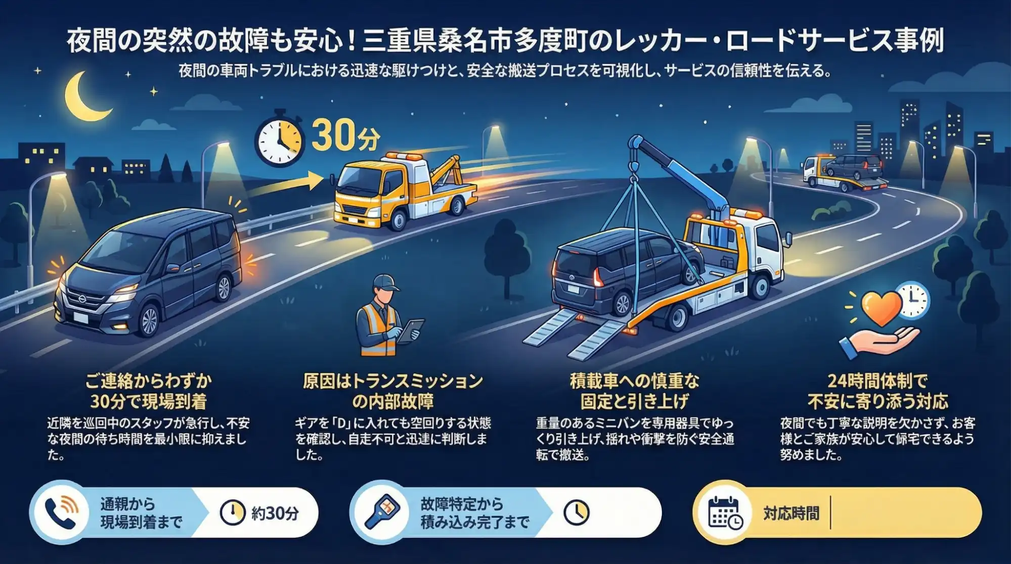 【三重県桑名市多度町】夜道でセレナが前進不能に…駆動系の故障も積載車で安全に搬送