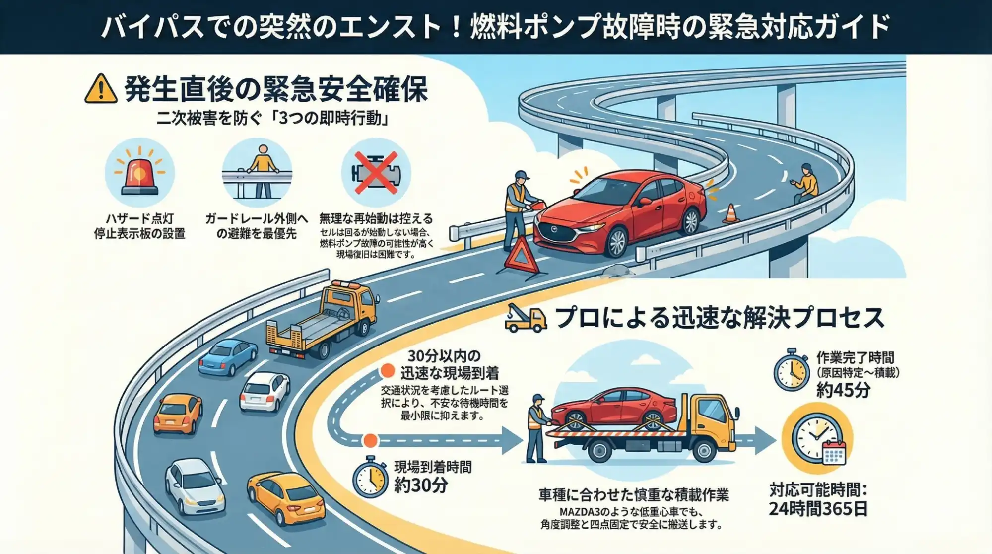 【愛知県稲沢市稲沢町】バイパス合流部でMAZDA3が突然のエンスト。燃料ポンプ故障により積載車で搬送