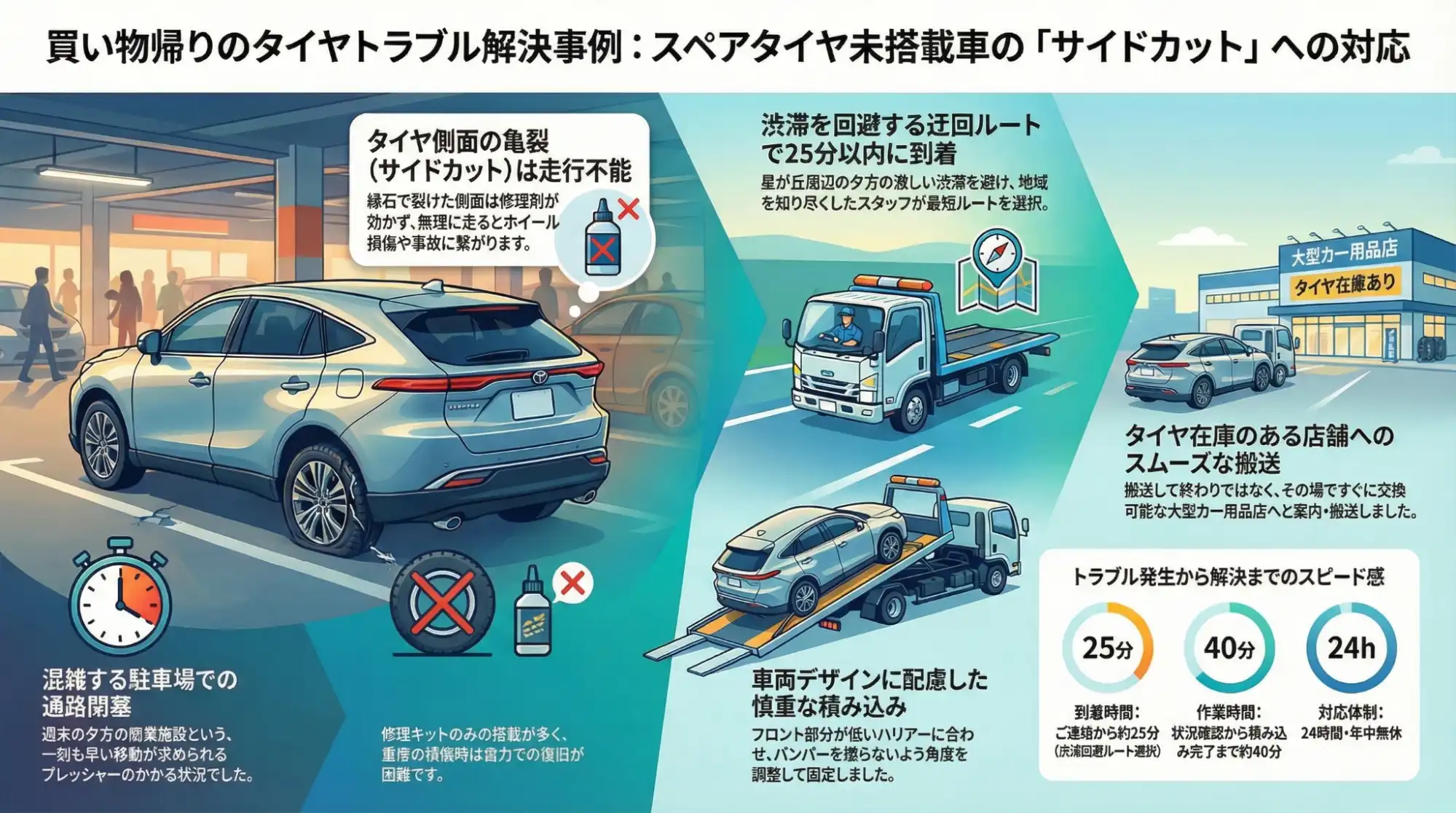 【愛知県名古屋市千種区星が丘元町】買い物帰りにタイヤを損傷。スペアタイヤ未搭載のハリアーをショップへ搬送