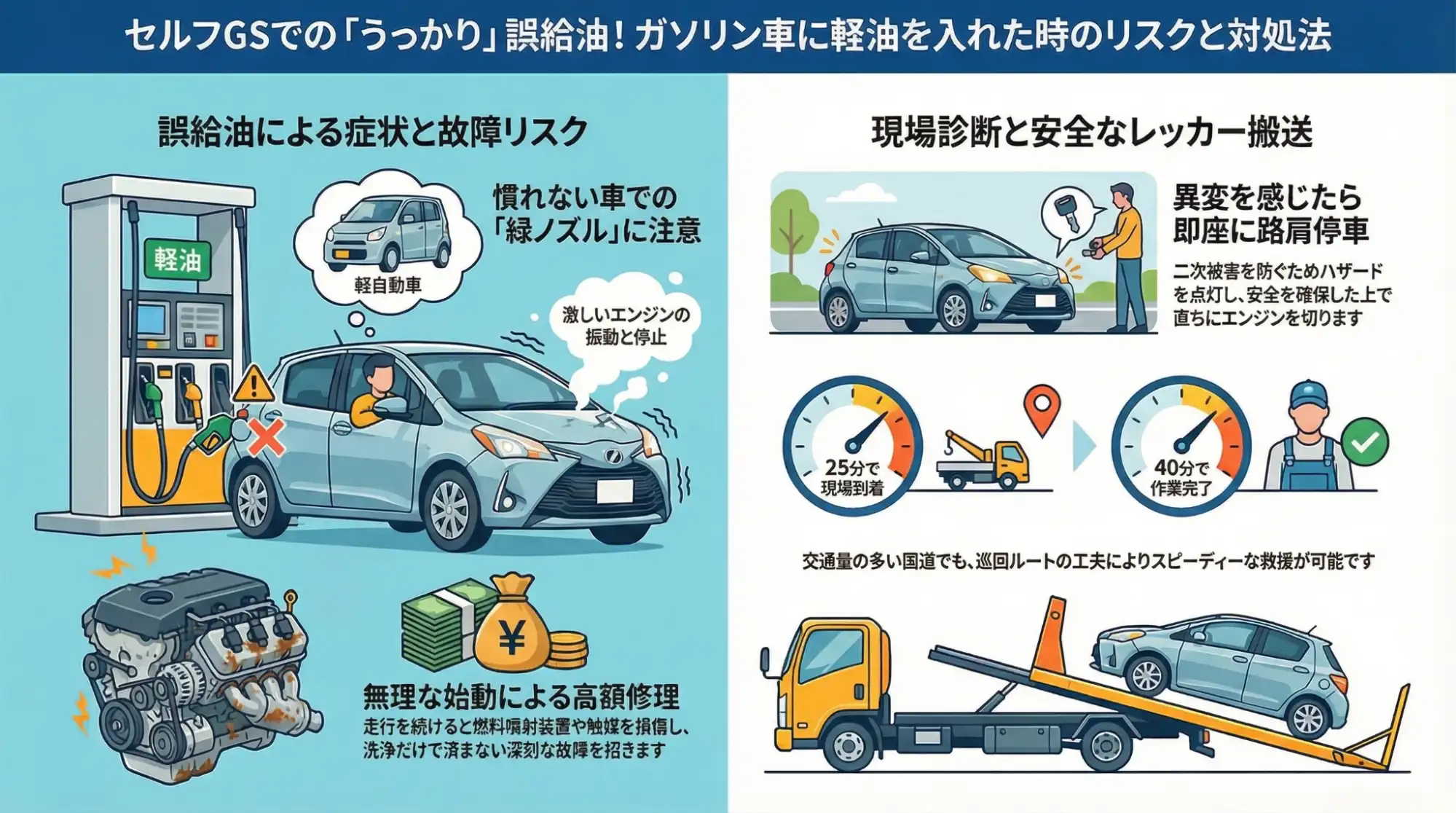 【愛知県名古屋市熱田区】セルフGSで油種間違い。誤給油したヤリスを洗浄修理のため搬送