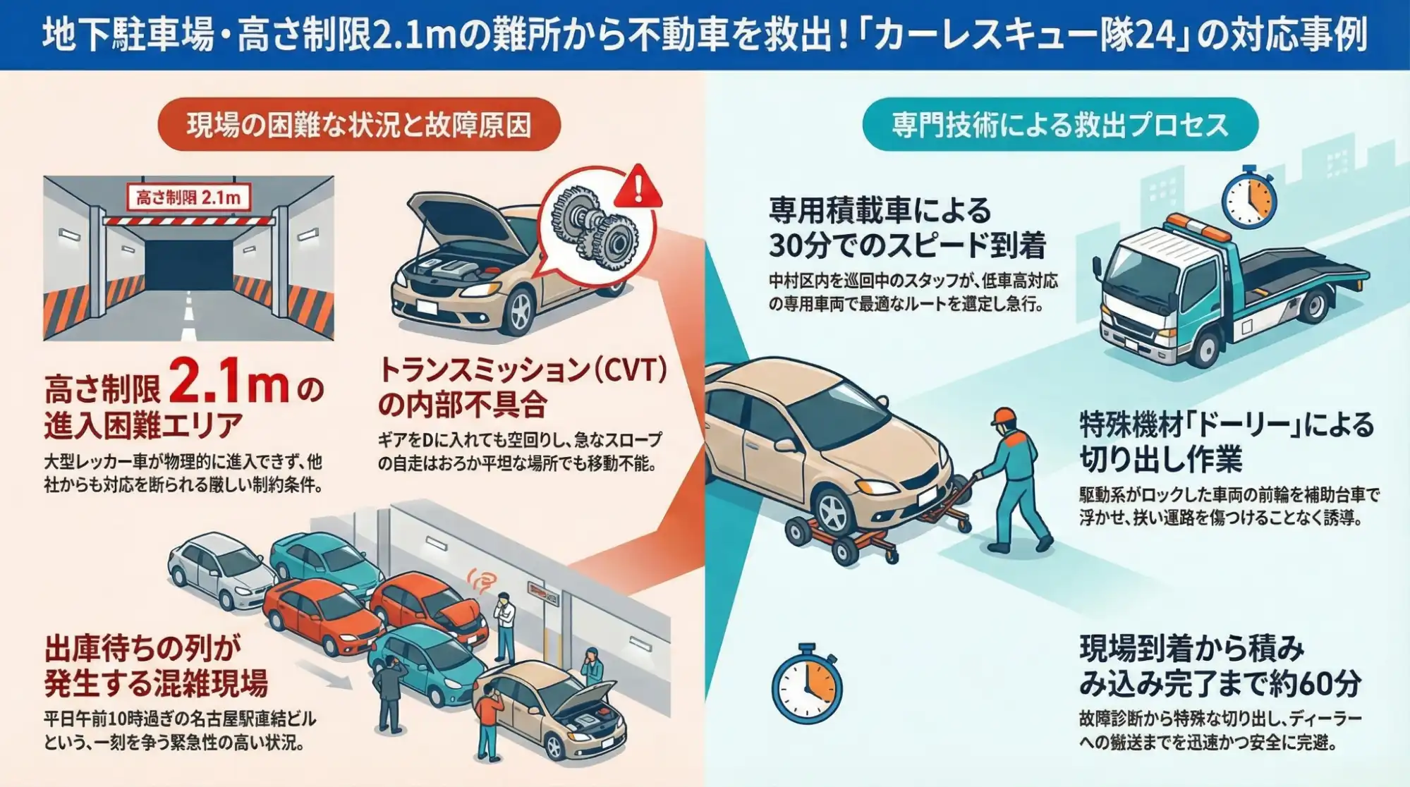 【愛知県名古屋市中村区名駅】地下駐車場でギアが入らず不動に。制限高2.1mの難所からセレナを搬送