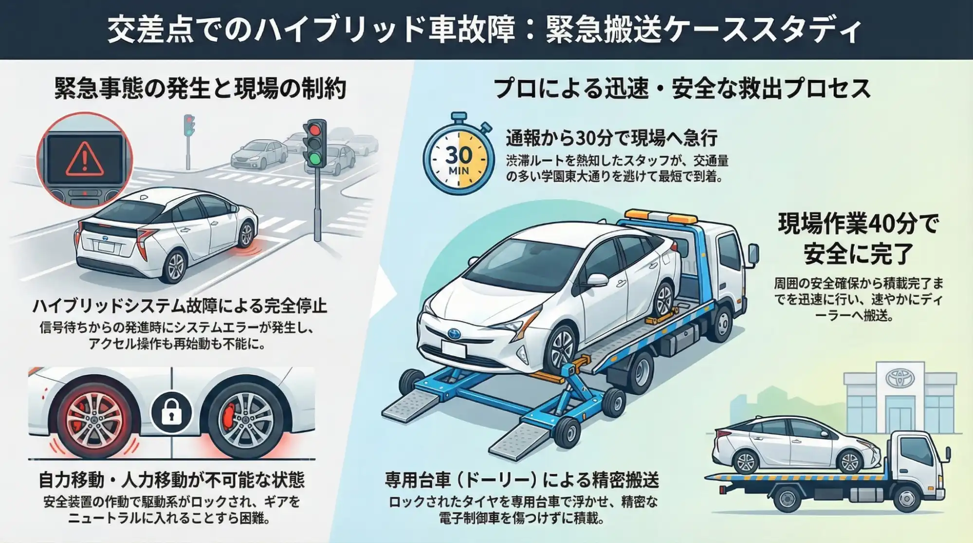 【茨城県つくば市吾妻】交差点の真ん中でシステムダウン。不動になったプリウスを安全にレッカー搬送
