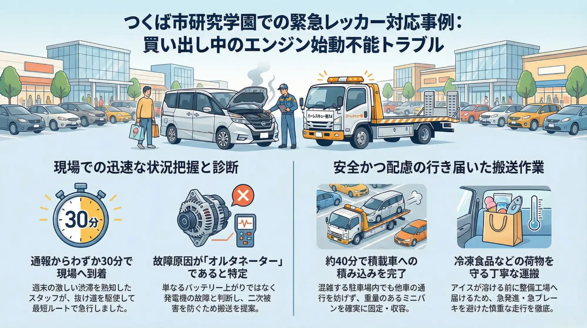 【茨城県つくば市研究学園】買い物帰りにエンジン始動不能。電気系統トラブルのセレナを緊急レッカー搬送