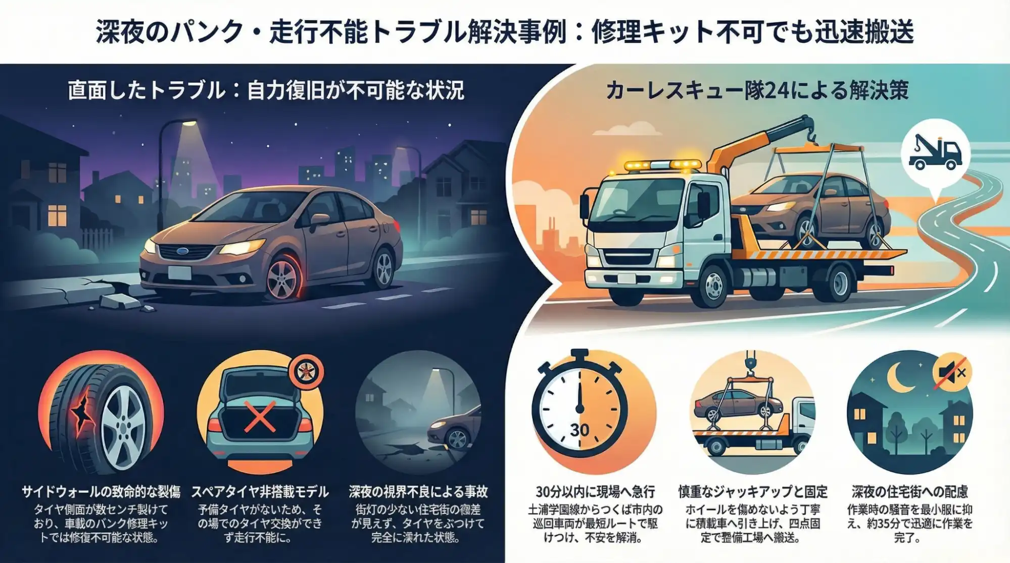 【茨城県つくば市竹園】夜道の段差でタイヤが裂け走行不能。修理キット対応不可のパンクを積載搬送