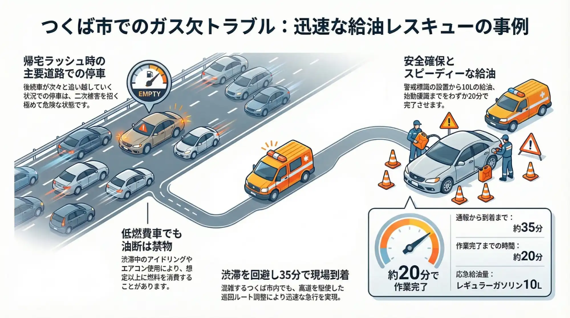 【茨城県つくば市二の宮】主要道路の走行中にエンジン停止。燃料切れ（ガス欠）のシエンタを給油救助