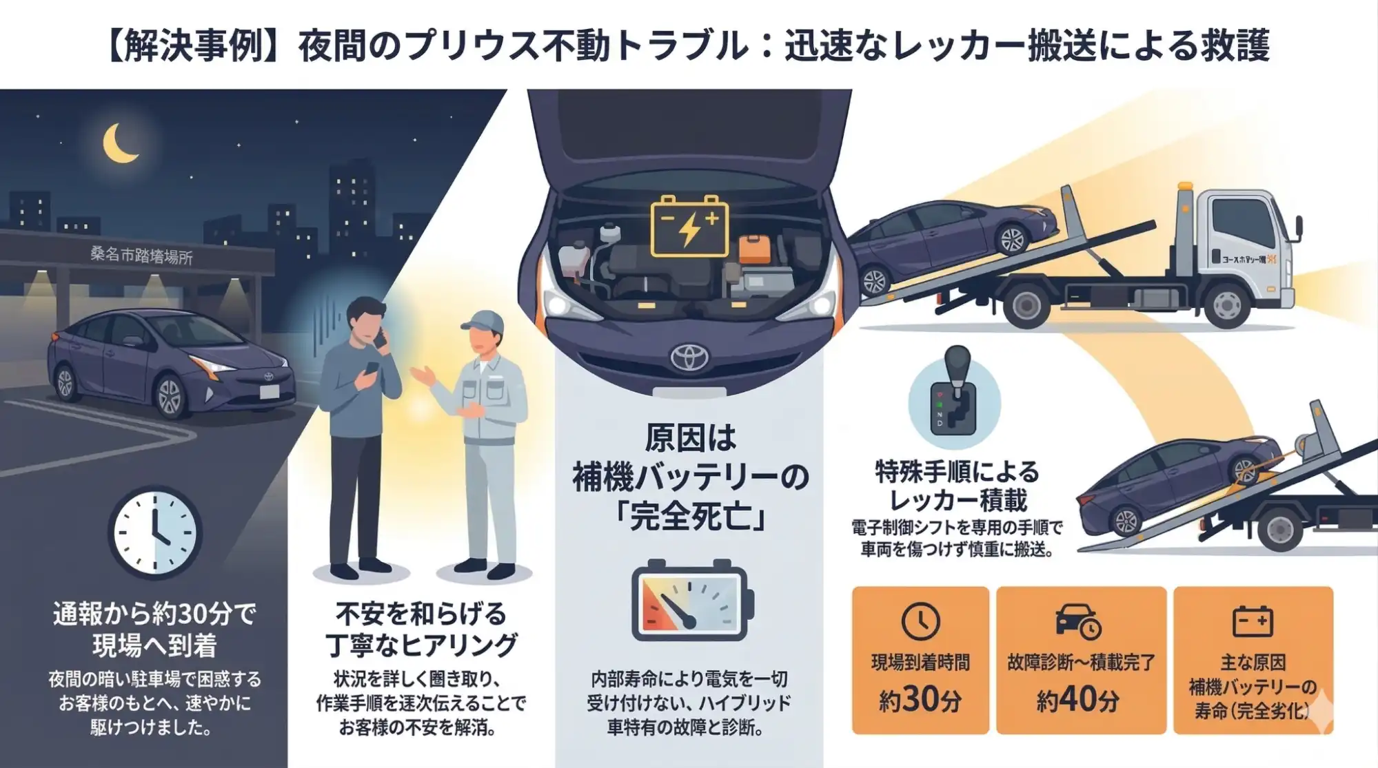 【三重県桑名市中央町】夜間に発生したプリウスの不動トラブル…レッカーによる緊急搬送