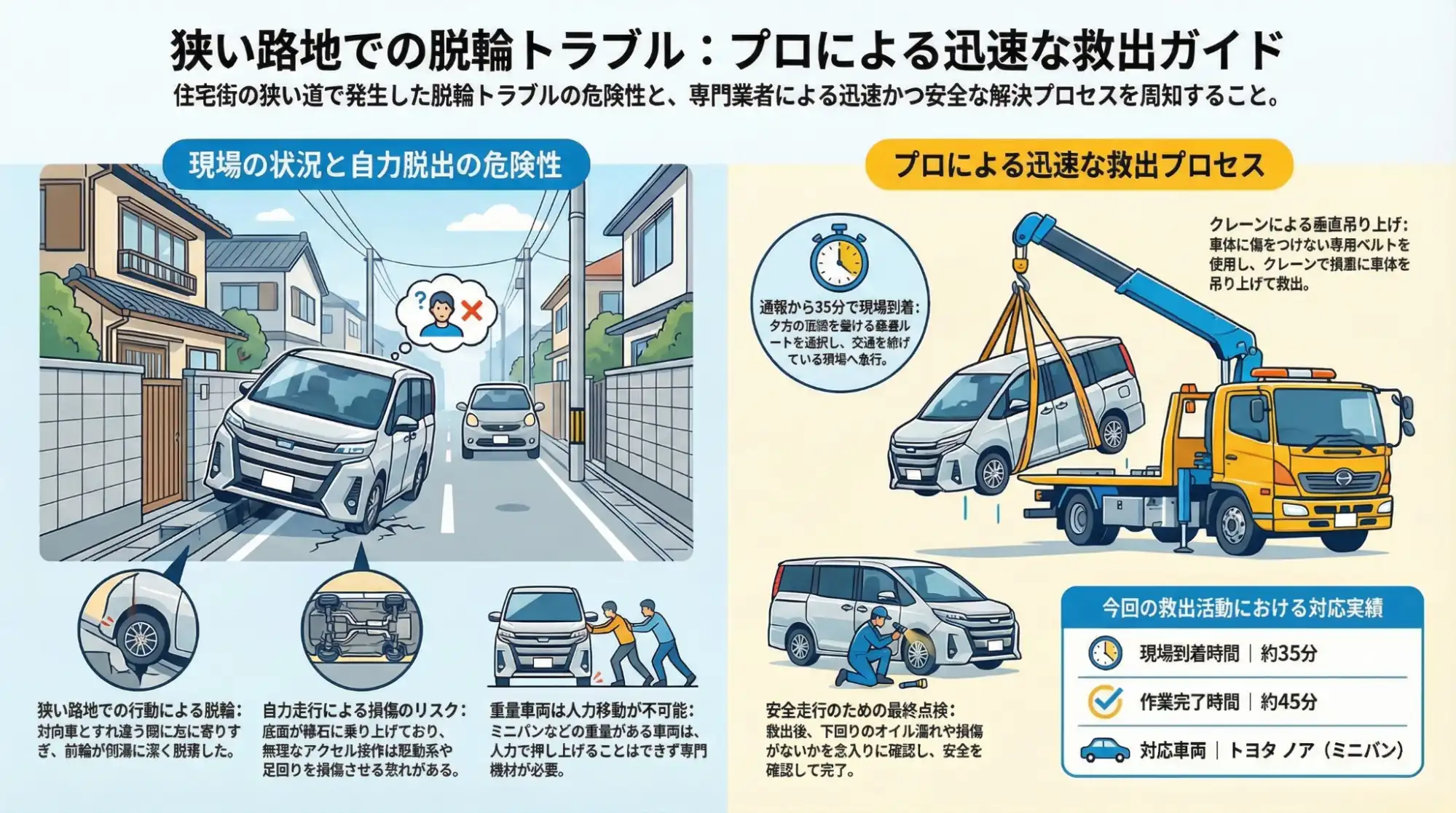 【茨城県つくば市学園南】住宅街の狭い路地で側溝に脱輪。動けなくなったノアをクレーンで救出