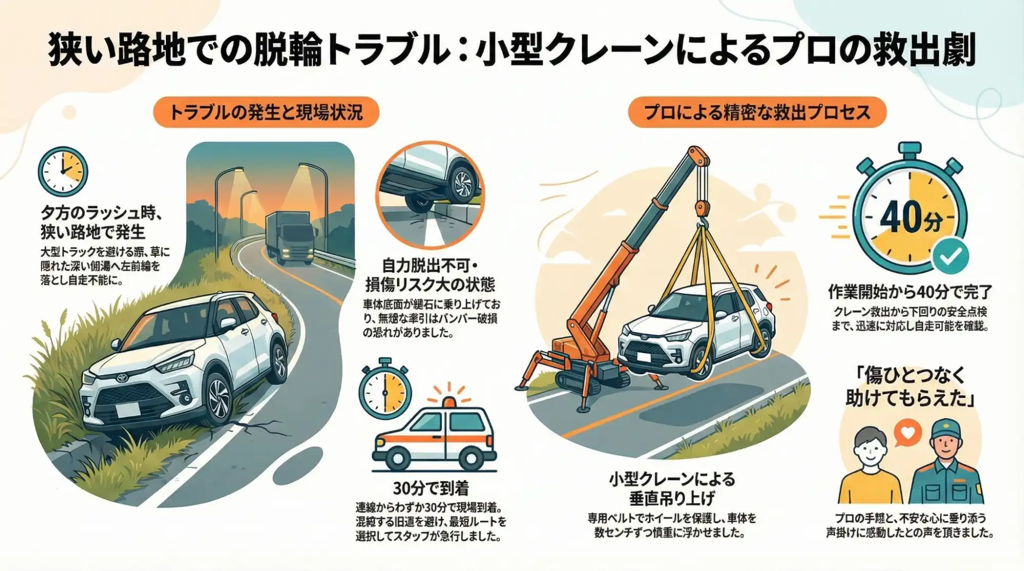 【茨城県土浦市神立中央】工業団地近くの狭い路地で側溝に脱輪。自走不能なライズをクレーン救出